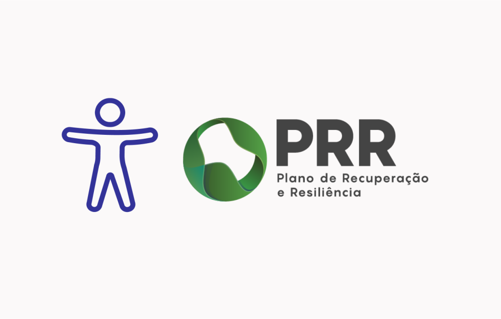 Imagem alusiva ao concurso público de acessibilidade digital, com homem do vitrúvio à esquerda e o logótipo do PRR (Plano de Recuperação e Resiliência) à direita