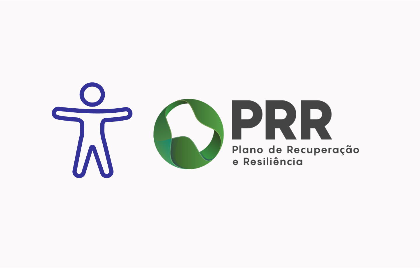 Imagem alusiva ao concurso público de acessibilidade digital, com homem do vitrúvio à esquerda e o logótipo do PRR (Plano de Recuperação e Resiliência) à direita