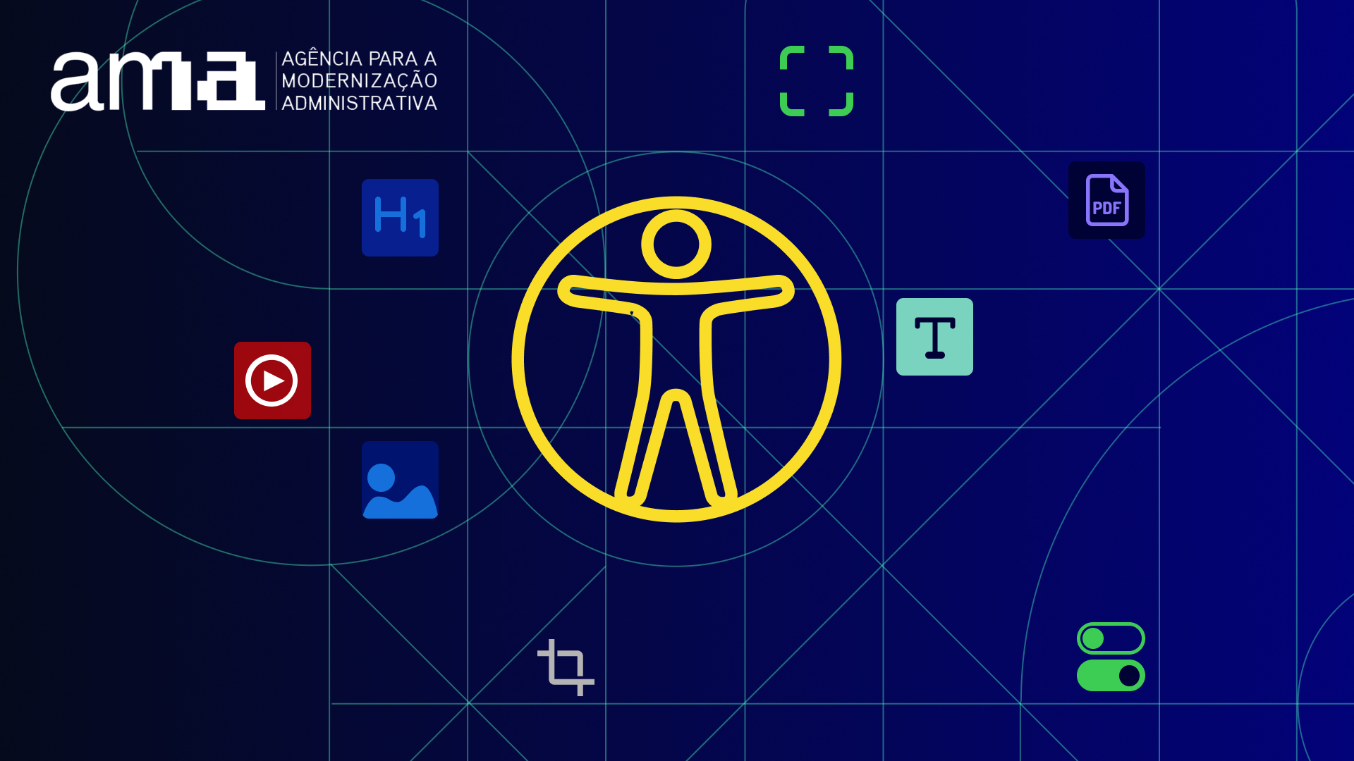 Imagem com homem do Vitrúvio no centro com icones representativos da acessibilidade digital.